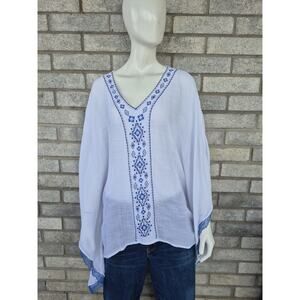 One World Poncho Top Size XL White Festival Boho Gauzy Beach Embroidered